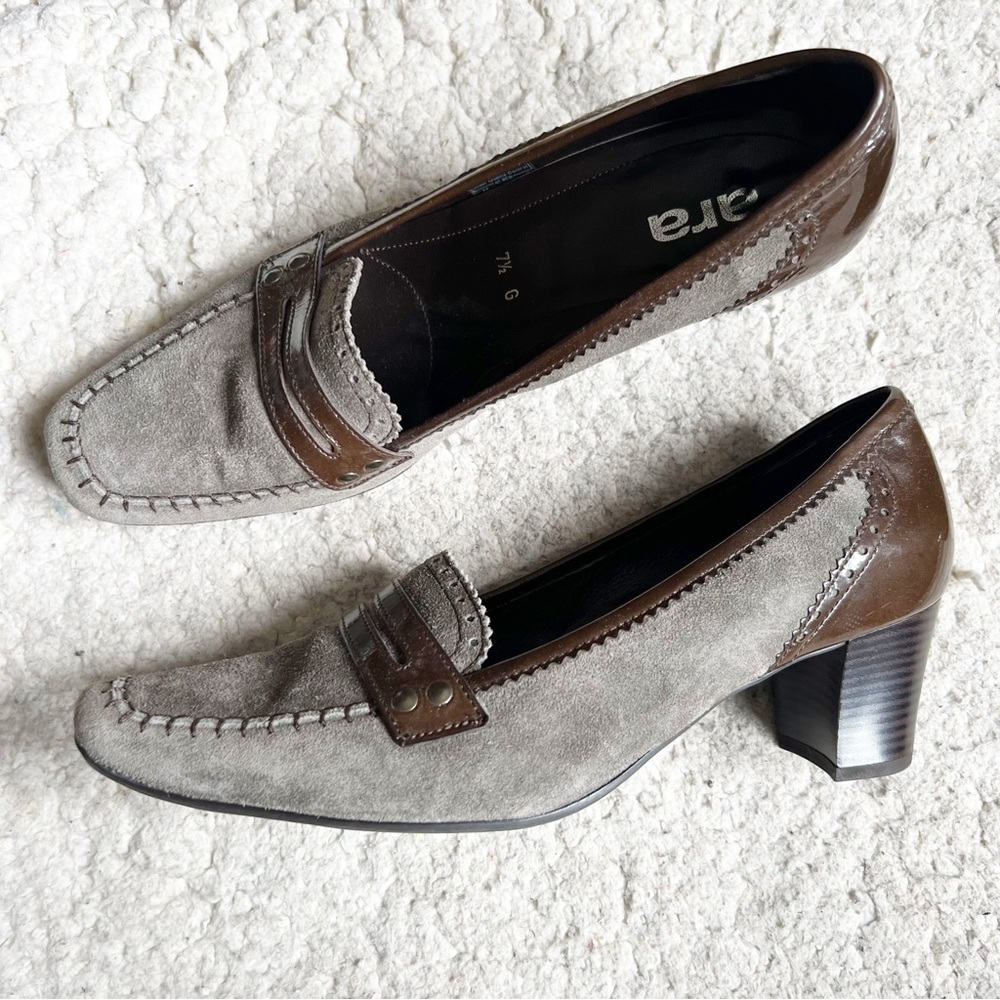 ara: Matte Muted Grayish  Brown Suede Brown Patent Leather Penny Loafer Heels